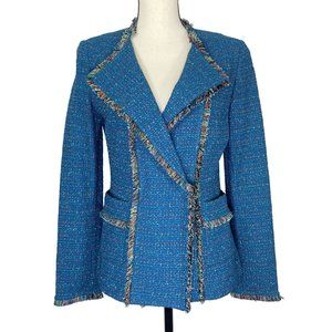 ST JOHN Black Label Teal Fringed Tweed Wool Blazer Jacket Womens 8 Fall 2016